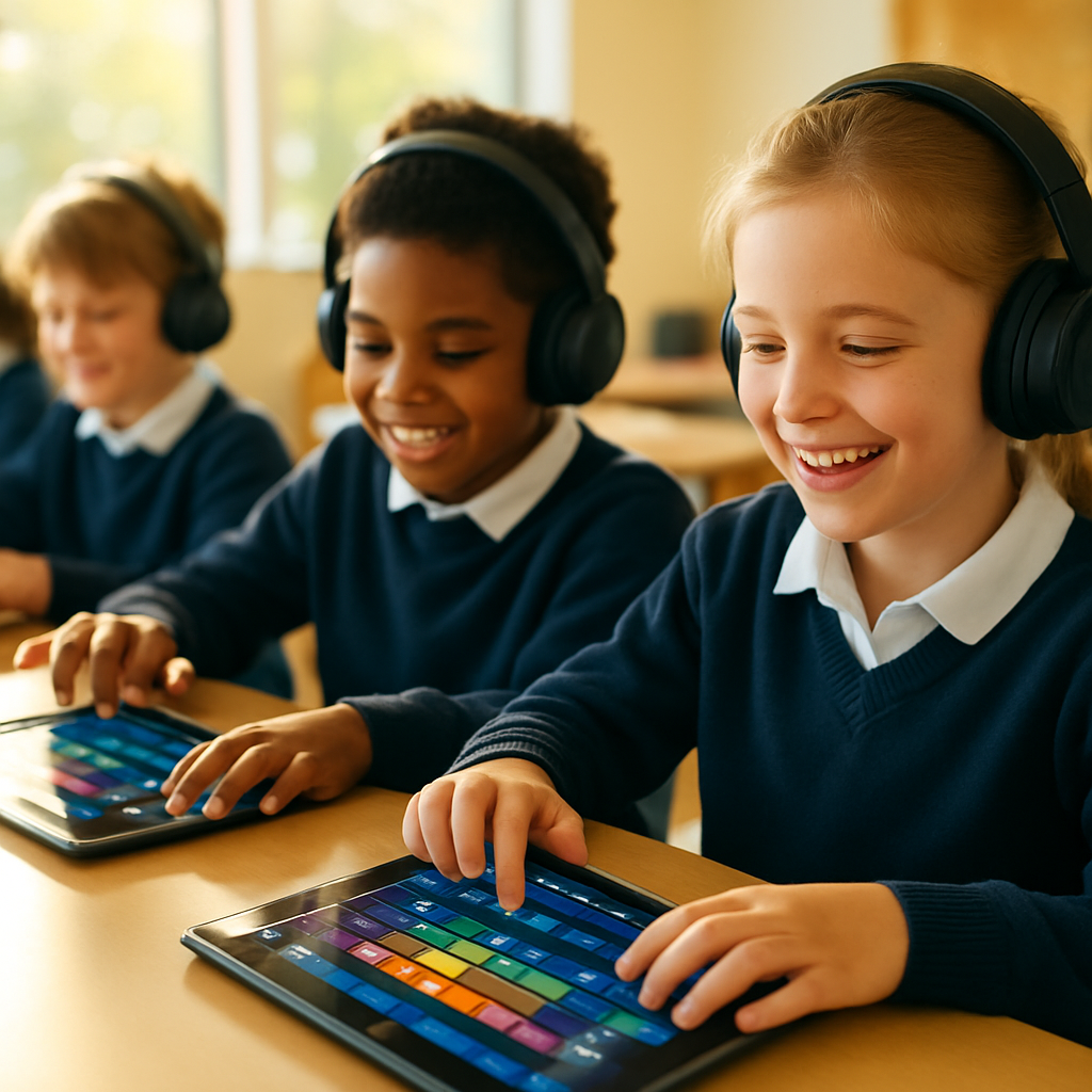 Primary school children wearing headphones and creating music on iPads